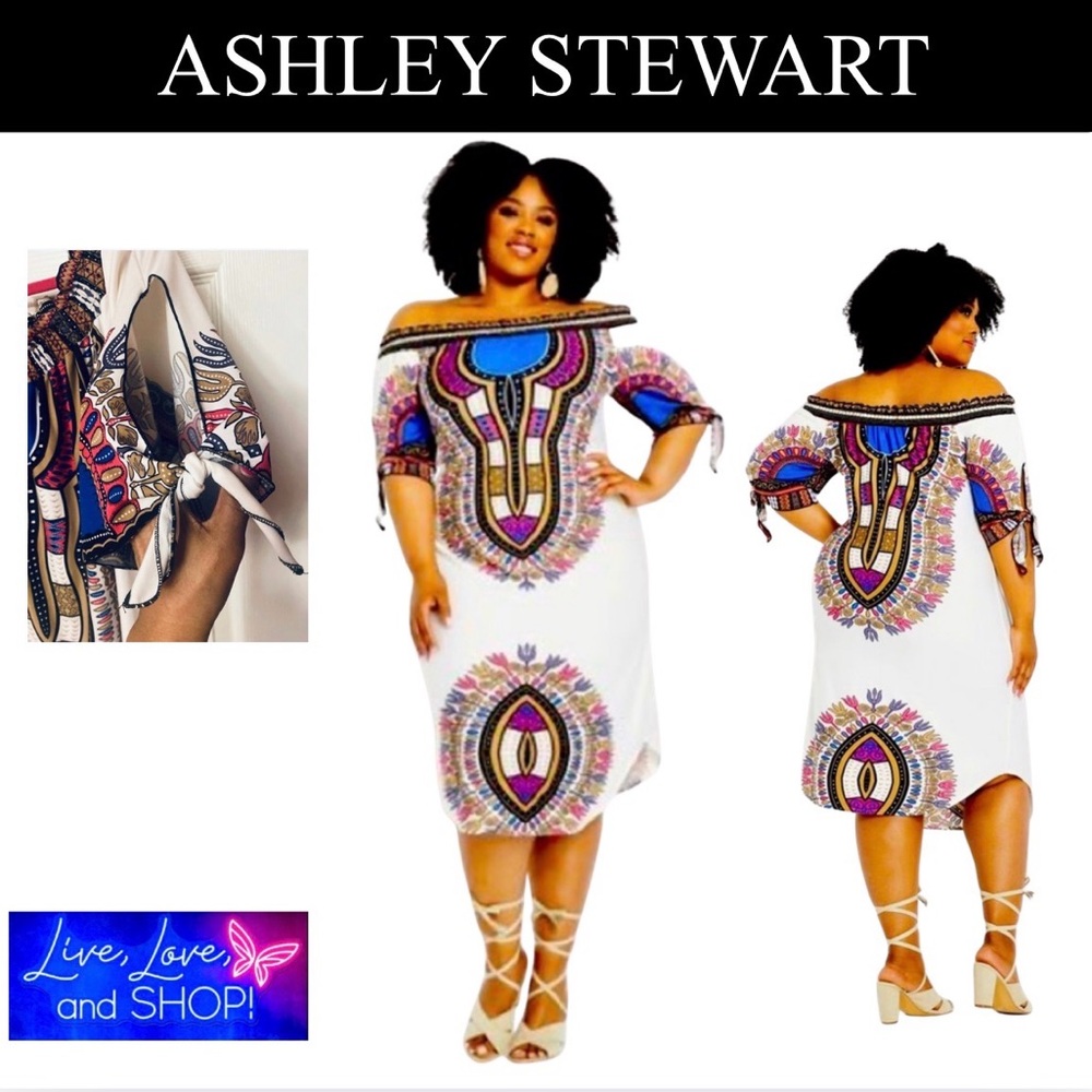 ASHLEY STEWART Ivory Off Shoulder High/Low Dress w/Split Tie Sleeves, EUC